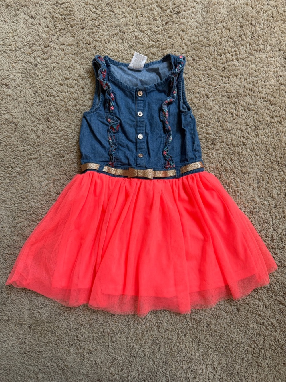 Nannette Kids denim top dress with bright coral bottom with tulle overlay
